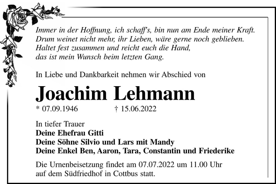 Traueranzeige Joachim Lehmann