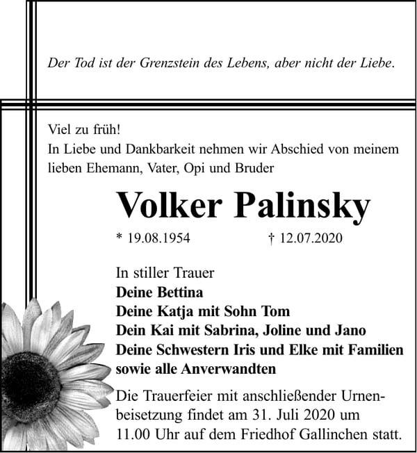 Traueranzeige Volker Palinsky