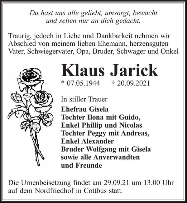 Traueranzeige Klaus Jarick