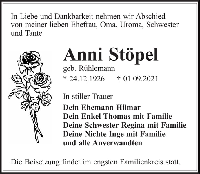 Traueranzeige Anni Stöpel, geb. Rühlemann