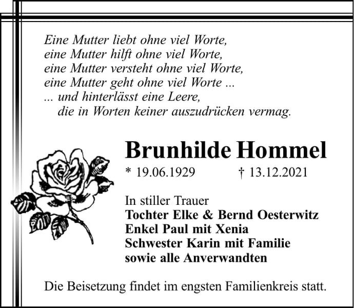 Traueranzeige Brunhilde Hommel
