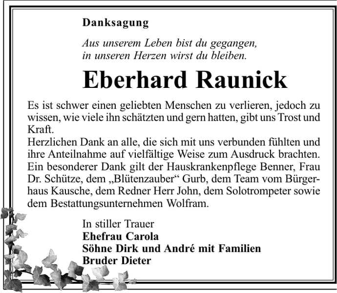 Danksagung Eberhard Raunick