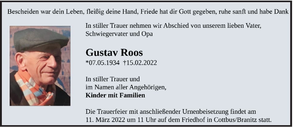 Traueranzeige Gustav Roos
