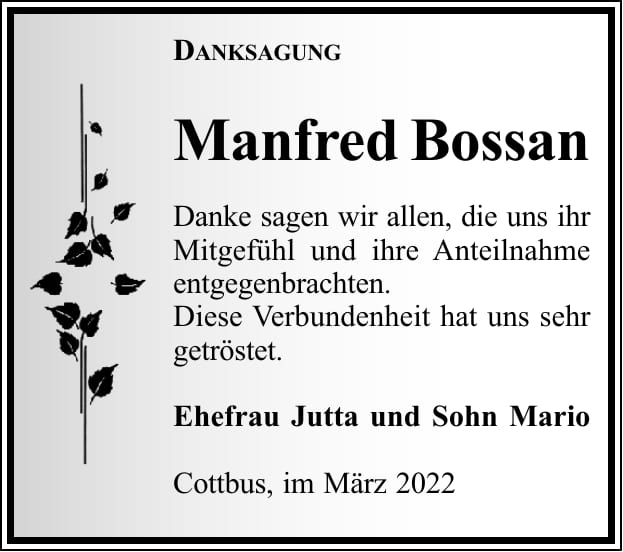 Danksagung Manfred Bossan
