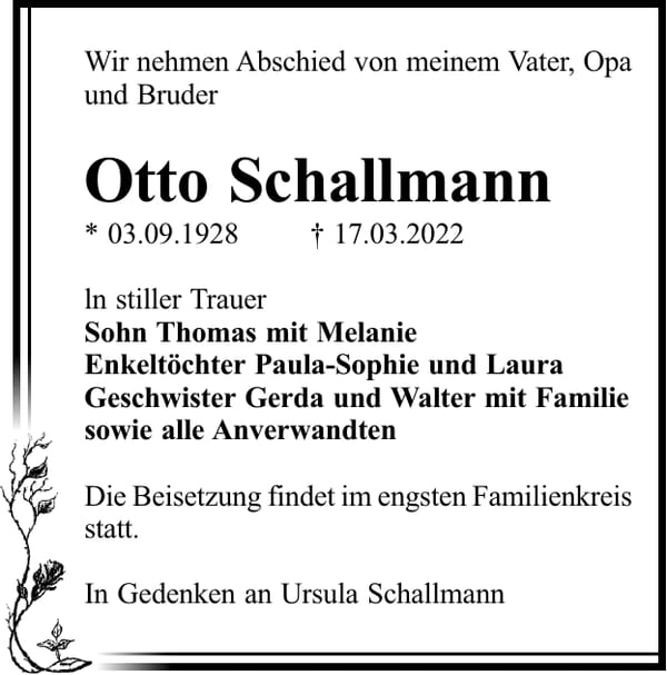 Traueranzeige Otto Schallmann