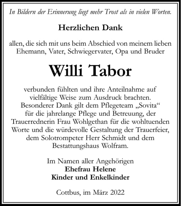 Danksagung Willi Tabor