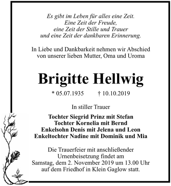 Traueranzeige Brigitte Hellwig