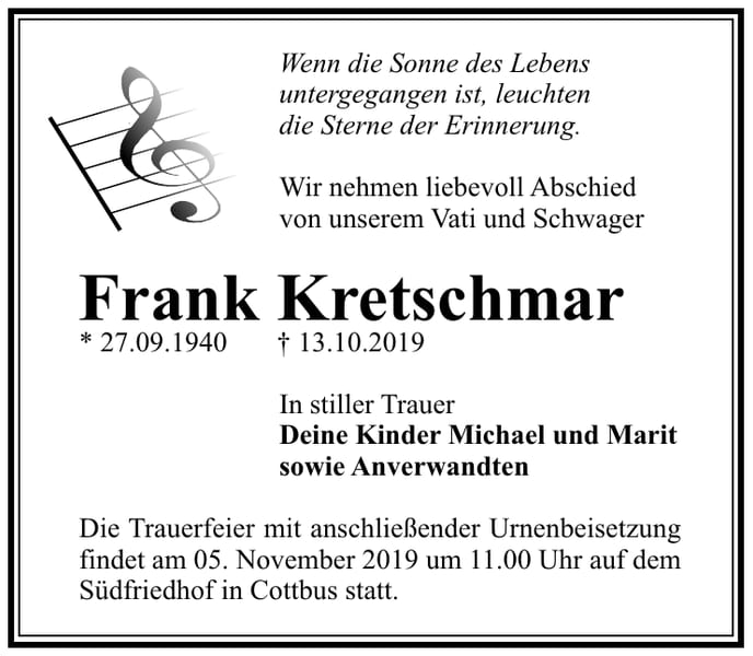 Traueranzeige Frank Kretschmar