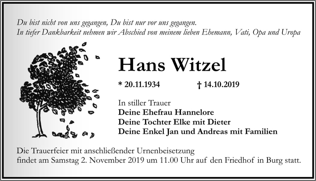Traueranzeige Hans Witzel