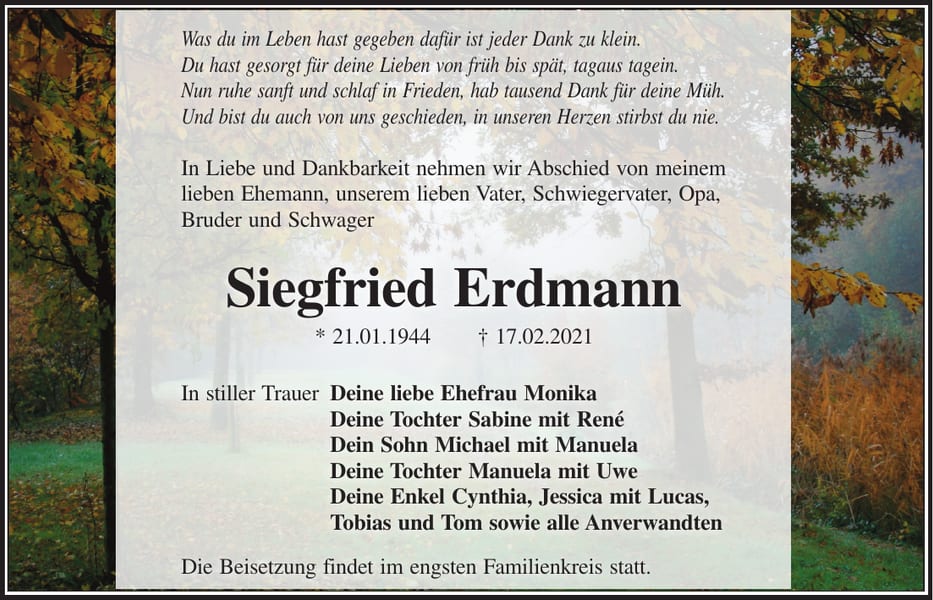 Traueranzeige Siegfried Erdmann