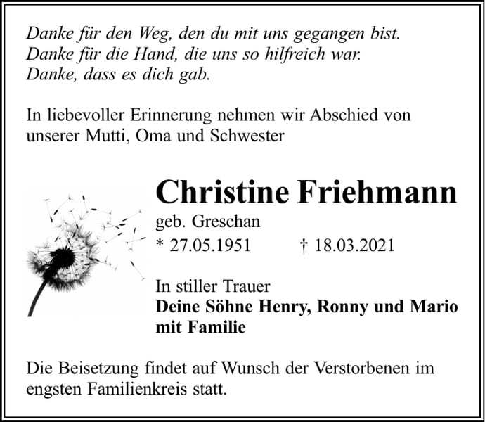 Traueranzeige Christine Friehmann, geb. Greschan