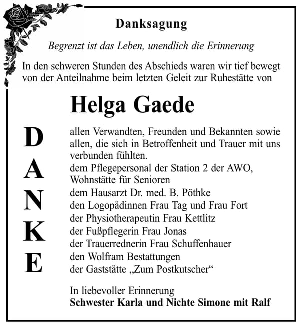 Danksagung Helga Gaede