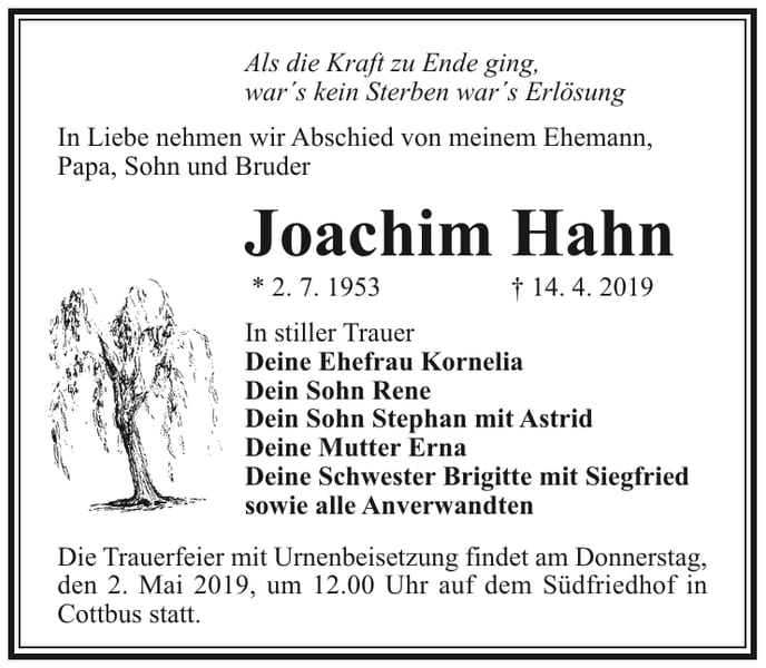 Traueranzeige Joachim Hahn