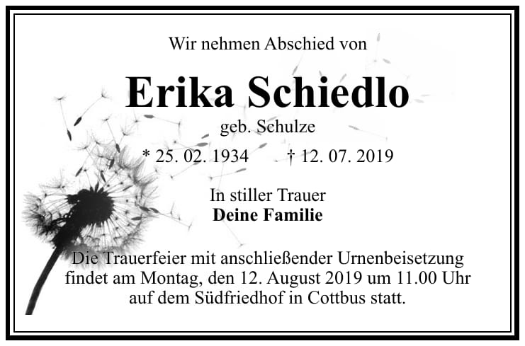 Traueranzeige Erika Schiedlo, geb. Schulze