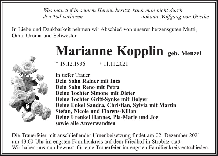 Traueranzeige Marianne Kopplin, geb. Menzel