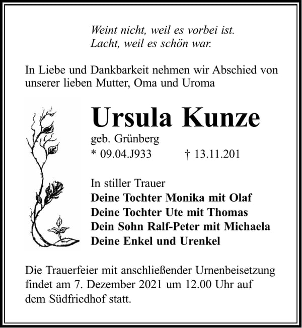 Traueranzeige Ursula Kunze, geb. Grünberg