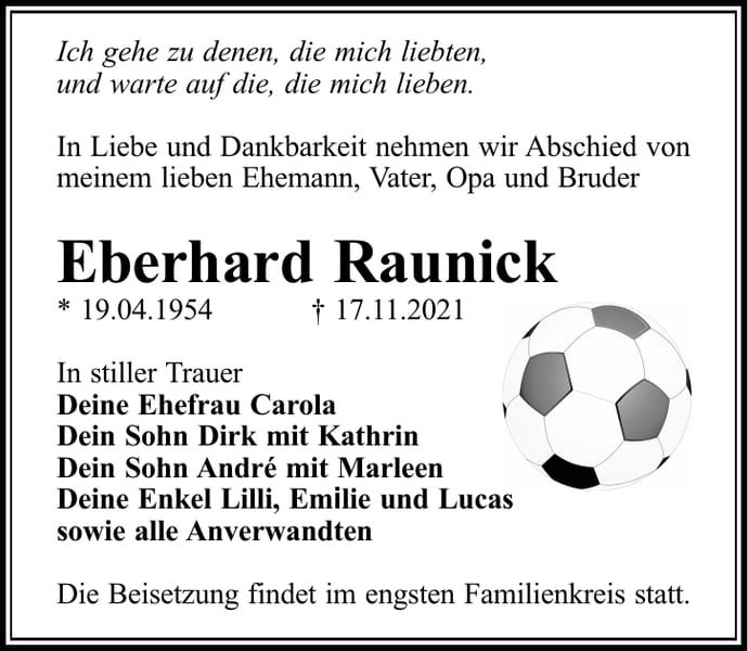 Traueranzeige Eberhard Raunick