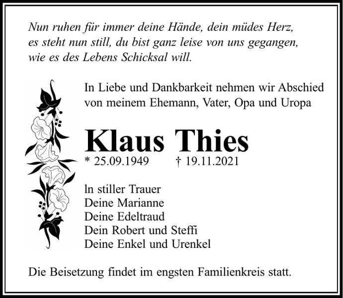 Traueranzeige Klaus Thies