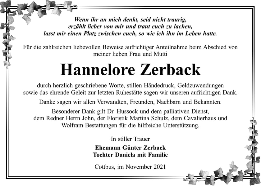Danksagung Hannelore Zerback