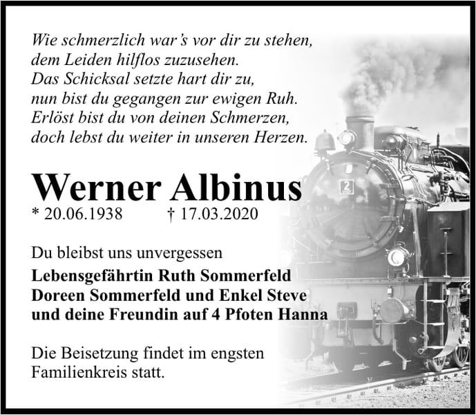 Traueranzeige Werner Albinus