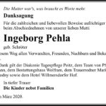 Danksagung Ingeborg Pehla, geb. Schröter