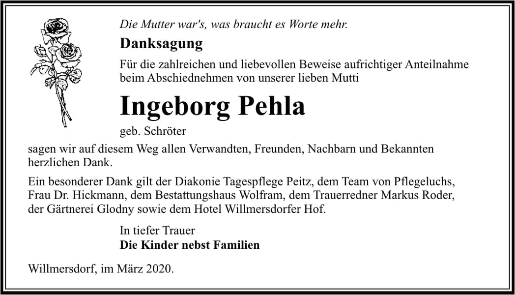Danksagung Ingeborg Pehla, geb. Schröter