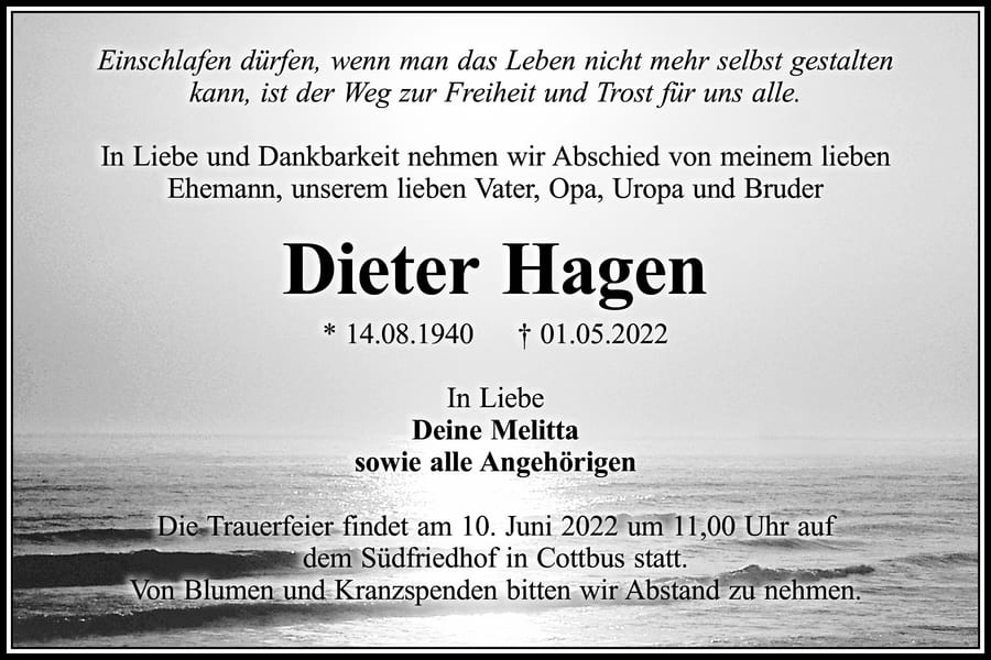 Traueranzeige Dieter Hagen