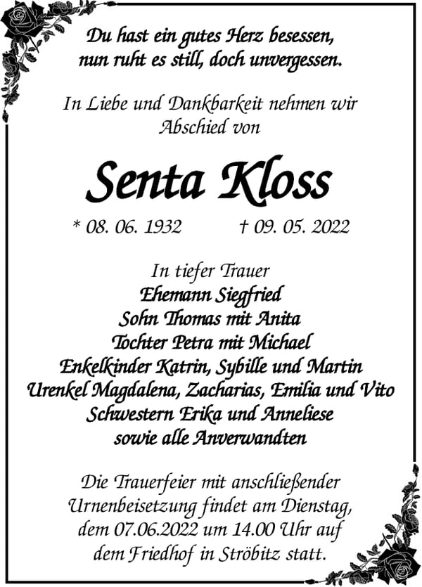 Traueranzeige Senta Kloss