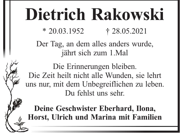 Traueranzeige Dietrich Rakowski