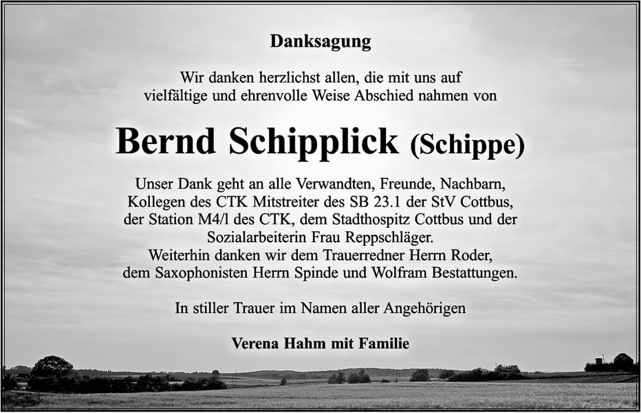 Danksagung Bernd Schipplick