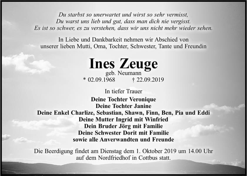 Traueranzeige Ines Zeuge, geb. Neumann