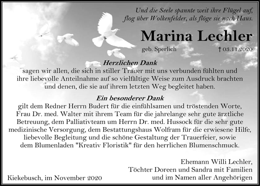 Danksagung Marina Lechler, geb. Sperlich
