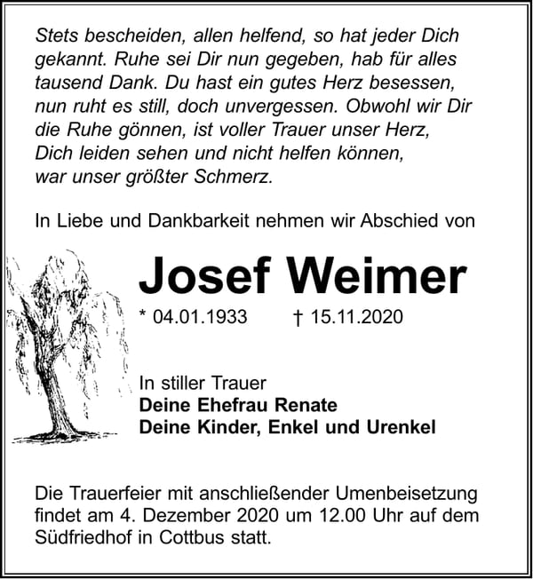 Traueranzeige Josef Weimer