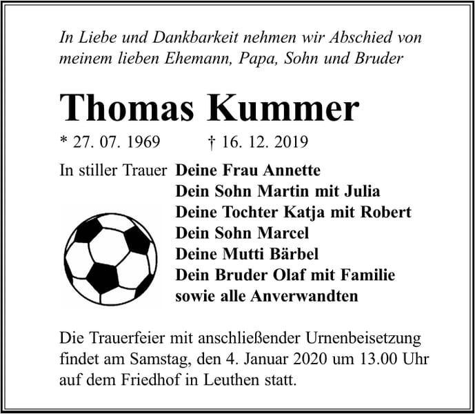 Traueranzeige Thomas Kummer