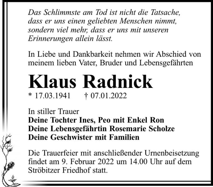 Traueranzeige Klaus Radnick