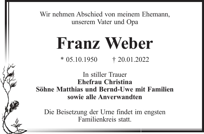 Traueranzeige Franz Weber