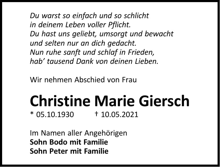 Traueranzeige Christine Marie Giersch
