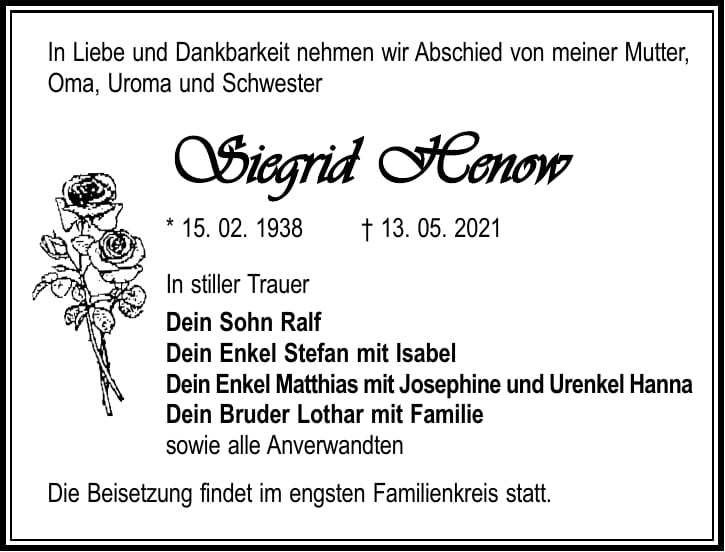 Traueranzeige Siegrid Henow