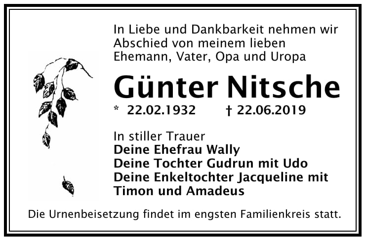 Traueranzeige Günter Nitsche