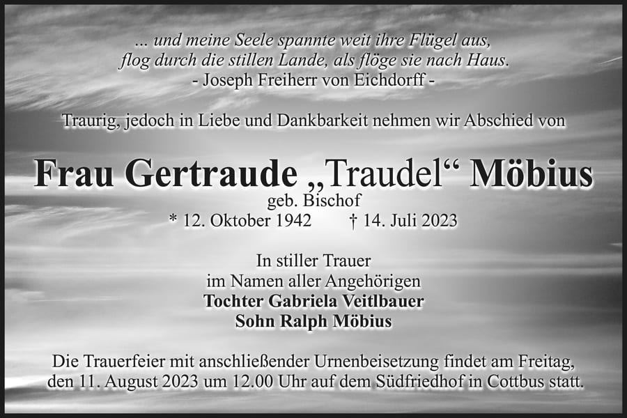 Traueranzeige Gertraude „Traudel“ Möbius, geb. Bischof