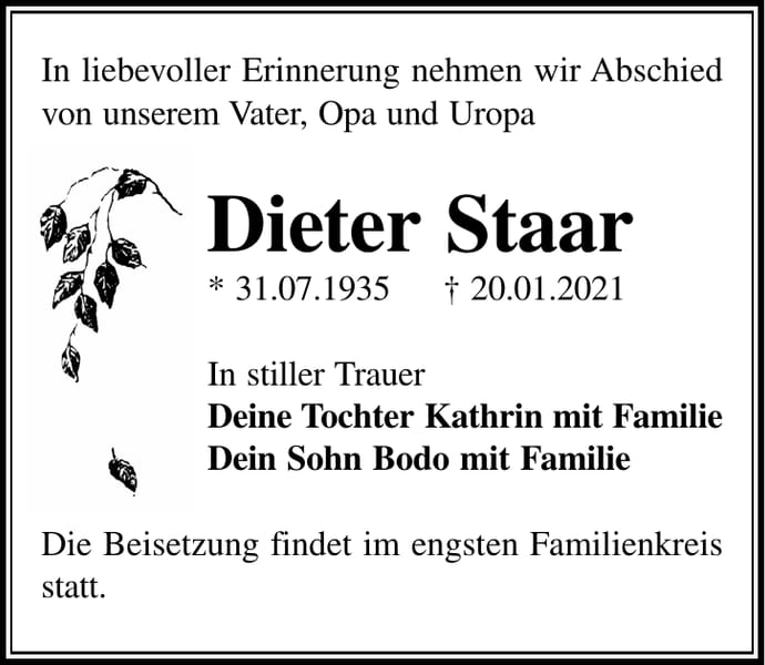 Traueranzeige Dieter Staar