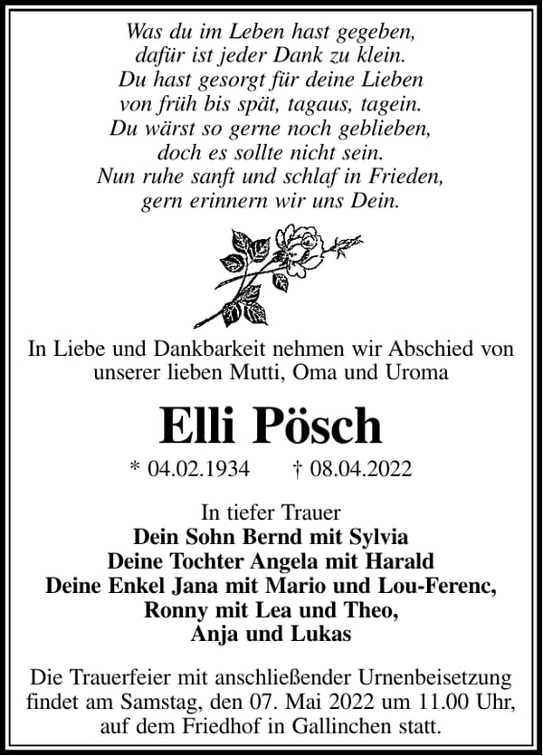 Traueranzeige Elli Pösch