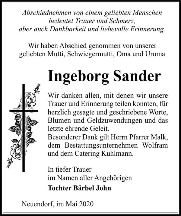 Danksagung Ingeborg Sander