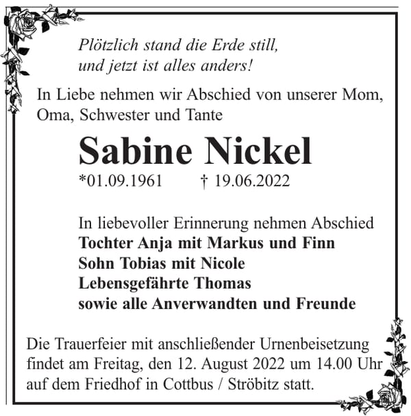 Traueranzeige Sabine Nickel