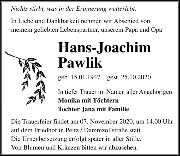 Traueranzeige Hans-Joachim Pawlik