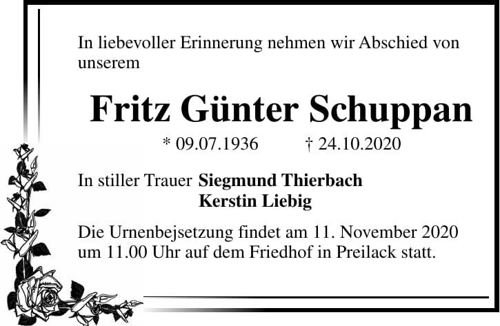 Traueranzeige Fritz Günter Schuppan