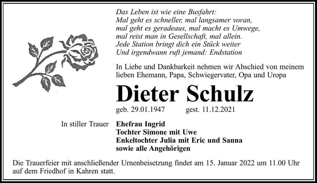 Traueranzeige Dieter Schulz
