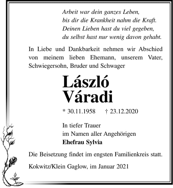 Traueranzeige László Váradi