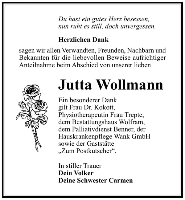 Traueranzeige Jutta Wollmann