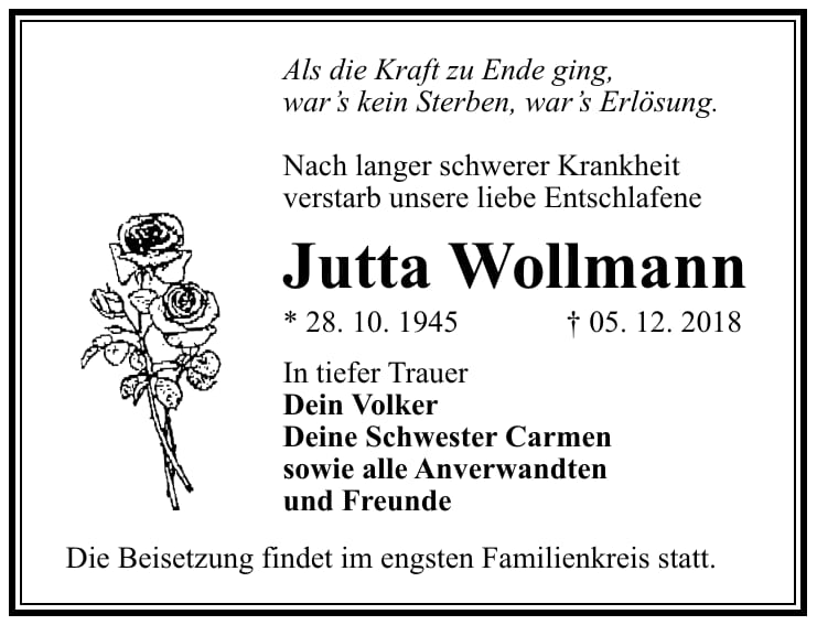 Traueranzeige Jutta Wollmann